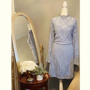 Lace scalloped mock neck fit and flare dress